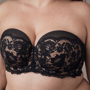 Cacique Lane Bryant Strapless Bra Black Lace Size 46DDD Underwire